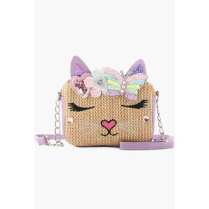 NWT OMG Accessories Kids' Bella Straw Crossbody Bag Kitty Butterfly Purple